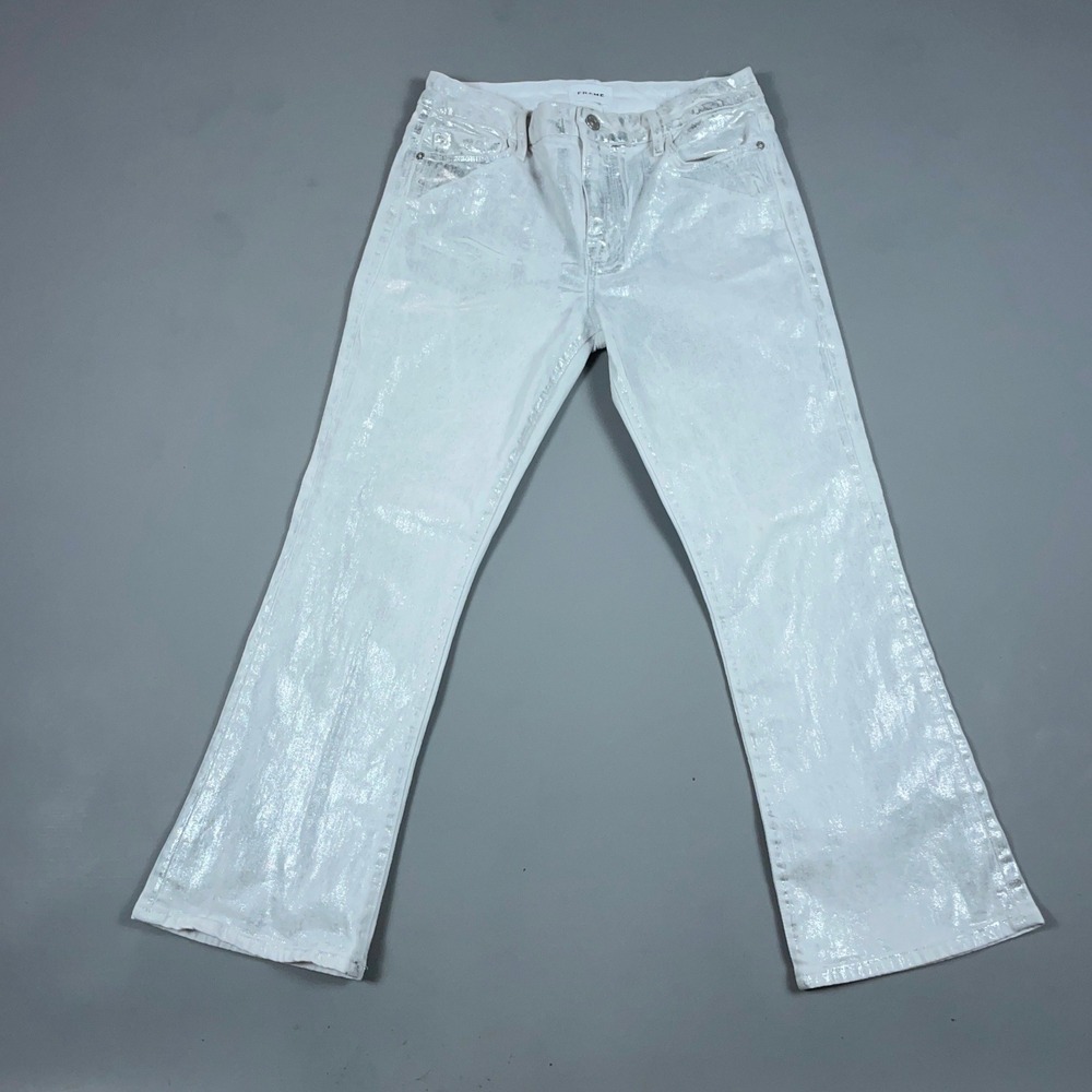 Frame Le Crop Mini Boot Metallic Silver White Jeans Denim Womens 28